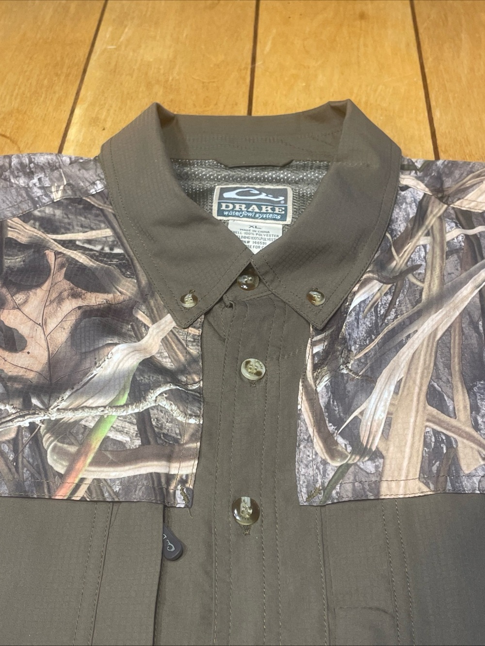 Drake Waterfowl Systems Brown Camo-Accent Button Down Shirt XL Ripstop Vented